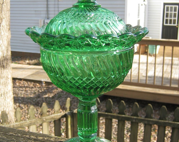 Green Covered Candy Dish Tall Footed Dish 9 Inches Tall 5 Etsy