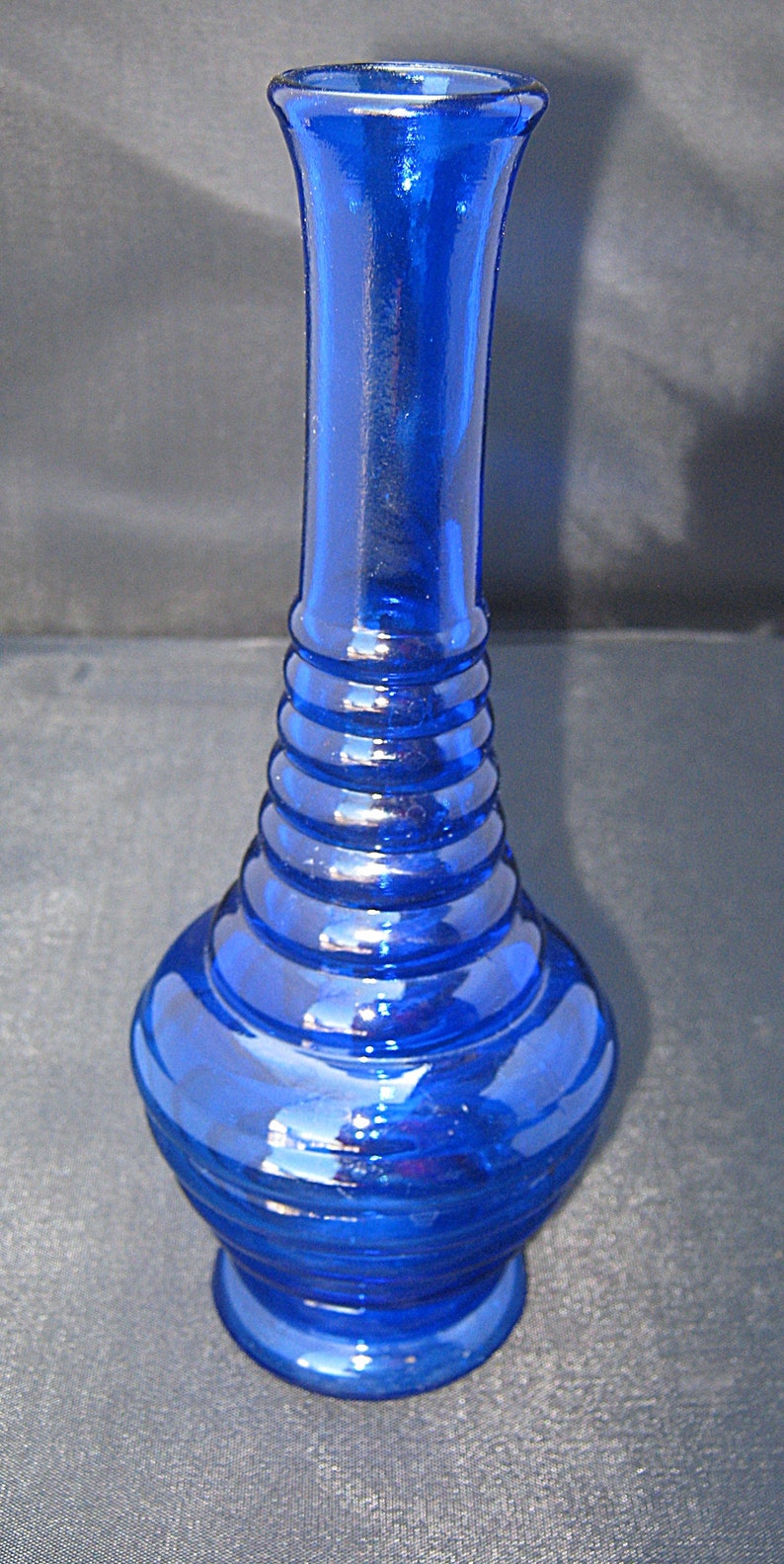 Cobalt Blue Glass Bud Vase Horizontal Ribbing The Sides 8 Inch Vase USA Makers Mark 4 5 3 1 2 Inch Tapers To 1 1 4 Inch il 794xN ev1u
