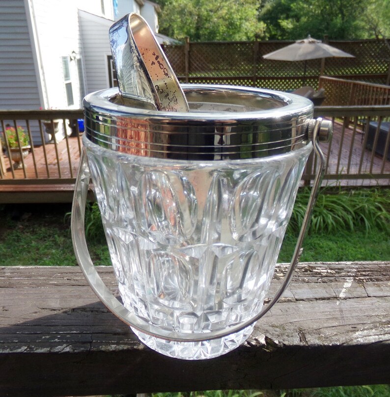 Ice Bucket With Tongs Pressed Glass Chrome Rim and Handle Etsy