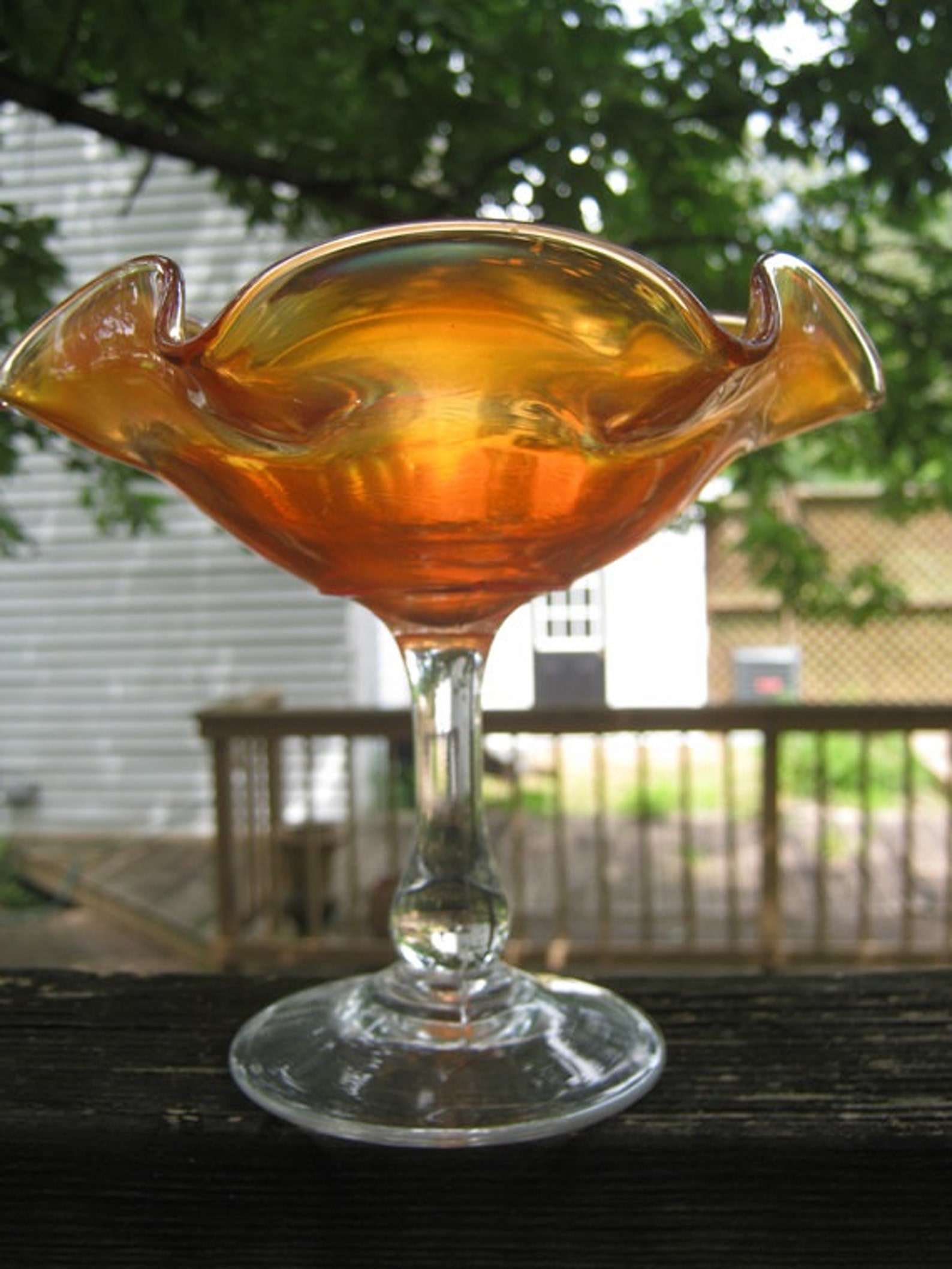 Orange Carnival Glass Footed Compote Fluted Edge Deep Orange Etsy