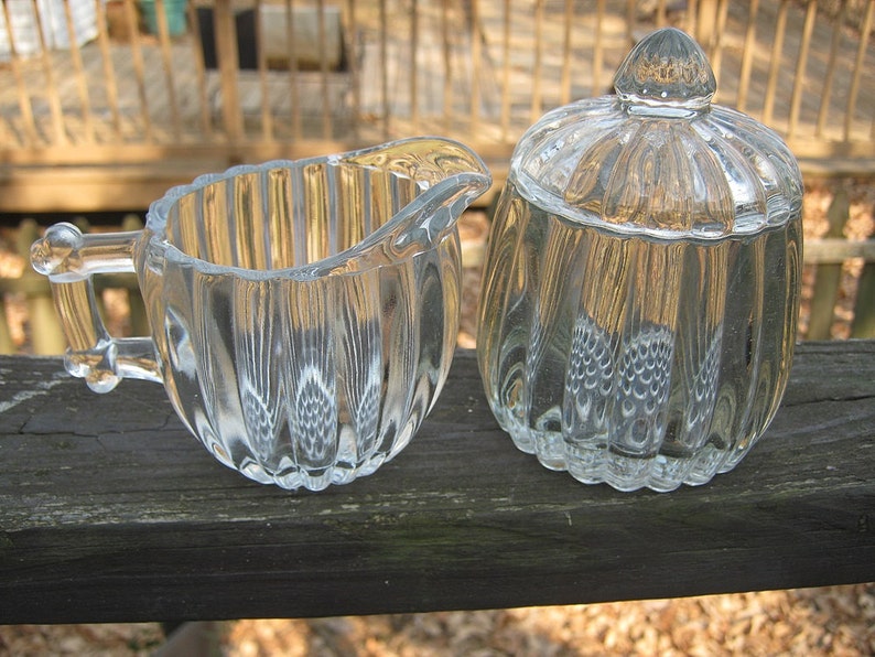 Sugar And Creamer Set With Tray Clear Glass Ribbed Sides Etsy