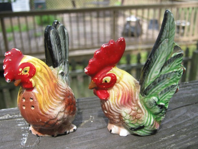 Hen And Rooster Salt And Pepper Shaker Set Colorful Ceramic Etsy