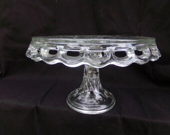 Vintage Clear Glass Footed Cake Stand, Open Lacework Edge, Bubble And Starburst Top Design, 11 3/4 Inch Diameter, 7 Inches Tall, Heavy Glass