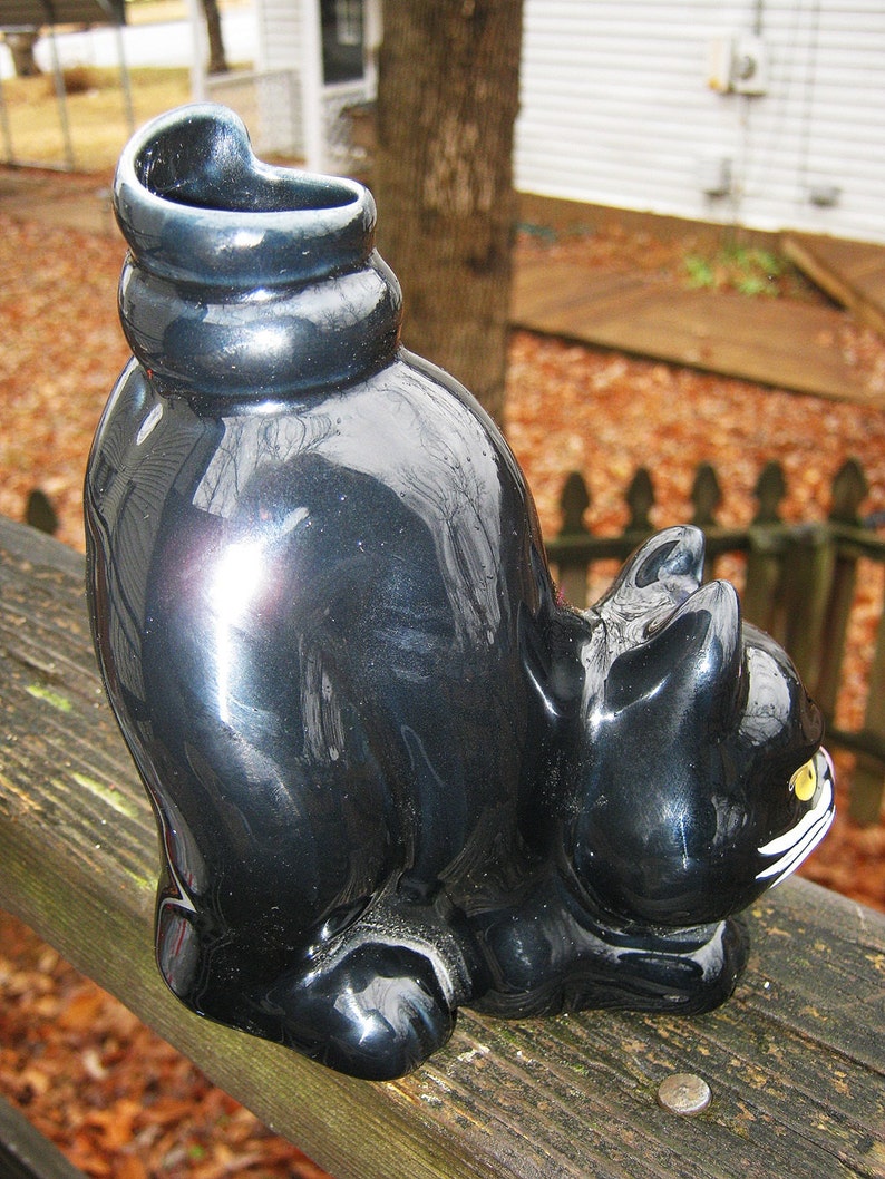 Ceramic Black Cat Vase or Pencil Holder Crouching Cat Made Etsy