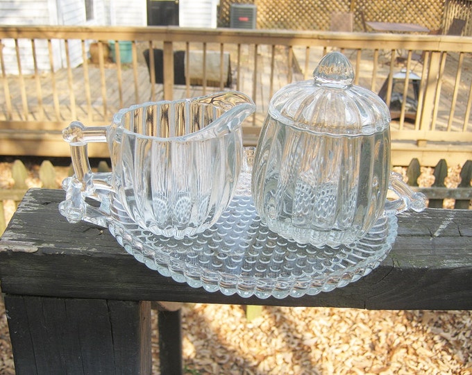 Sugar and Creamer Set With Tray Clear Glass Ribbed Sides Etsy