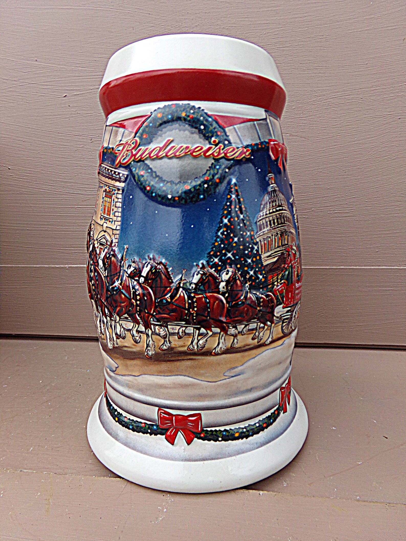 Budweiser Christmas Beer Stein 2001 Holiday At The Capitol Etsy