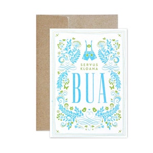 Bayerische Glückwunschkarte zur Geburt BUA weiß-blau // Babykarte Bube // Bierdeckel-Karte mit Kuvert