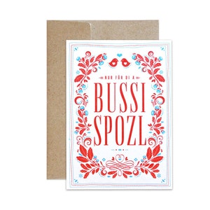 Bayerische Grußkarte BUSSI SPOZL // Bussi Spatzel Glückwunschkarte // Bierdeckel-Karte mit Kuvert