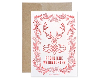 Weihnachtskarte mit HIRSCH Fröhliche Weihnachten / Handgemacht im Letterpress / Geweih / Blumen rot / traditionell / Zeitlos