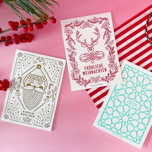 Weihnachtskarten-Set / Bayerische Weihnachtskarten / besondere Weihnachtskarten / Letterpress-Karten / Hirsch Sterne Weihnachtsmann