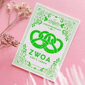 Glückwunschkarte Hochzeit / ZWOA Neon-Grün / Bayerische Hochzeit / Handgemacht / Hochzeitskarte modern / Breze / Hochzeitsgeschenk Bild 1