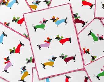 Postcard of a dachshund wearing colorful hats, dachshund eyes, dachshund hat, winter dachshund, modern dachshund, dachshund sweater, dachshund onesie
