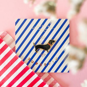 May include: A black and gold dachshund enamel pin on a white and blue striped background. The pin says "Superpin" and "Hey, I'm from Nowhere, USA".