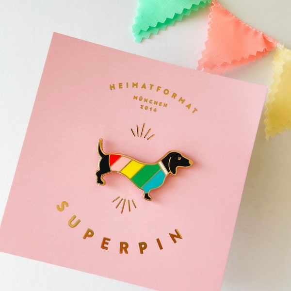 Regenbogen Dackel, Hipster-Dackel, Dackel-Geburtstagsgeschenk, bunt, Dackel-Brosche, Dackel-Anstecker, Dachshund Pin, Dackelfigur