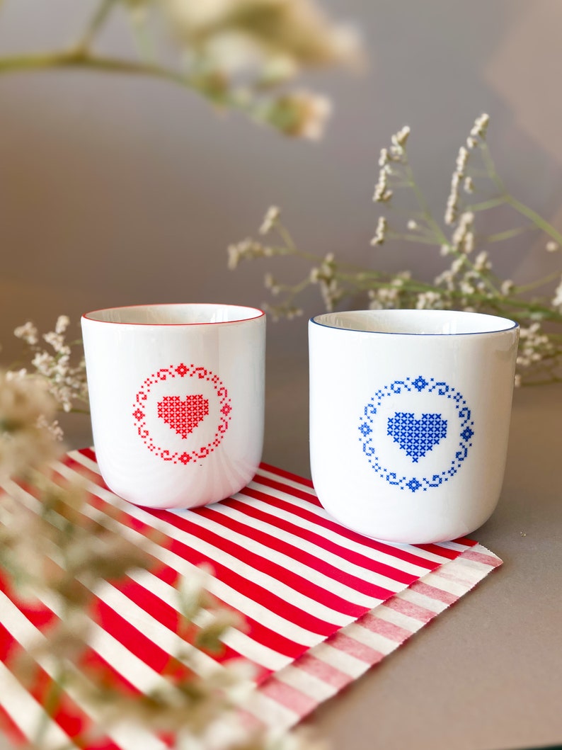 Herz-Becher SET / Herz-Tassen / Becher / Bayerische Tasse / handgemacht / Geburtstagsgeschenk / Bayerisches Hochzeitsgeschenk / Muttertag Bild 1