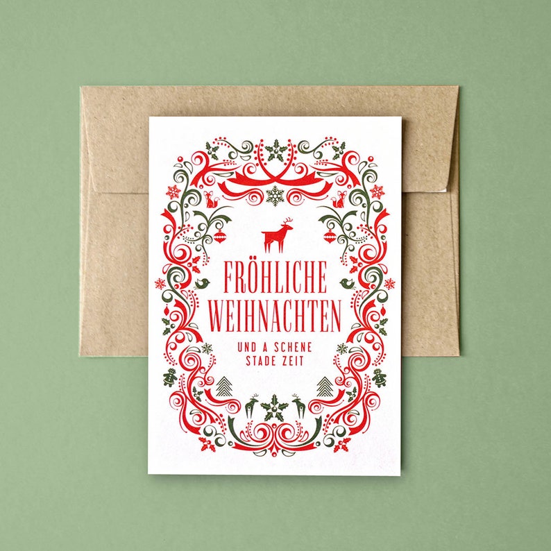 Bayerische Weihnachtskarte mit Hirsch / Rustikale Weihnachtskarte / Fröhliche Weihnachten grün rot / Weihnachtskarte auf Bierdeckel-Papier Bild 6