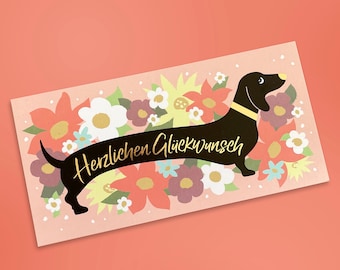 Tarjeta de cumpleaños de Dachshund, Dachshund Congratulations Gold, Tarjeta de cumpleaños extra larga, Dachshund largo, Dachshund con flores, Tarjeta con sobre