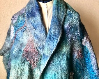 Luxurious green and blue alpaca and silk felted scarf, 50” long by 20” wide, soft, shiny silk and alpaca make a stunning accessory, pristine