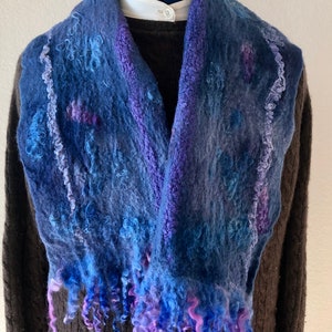 Blue unisex felted scarf, merino and silk, reversible silk, wool shawl, hand felted wrap, scarf, shawl, soft and warm accessory, functional image 4