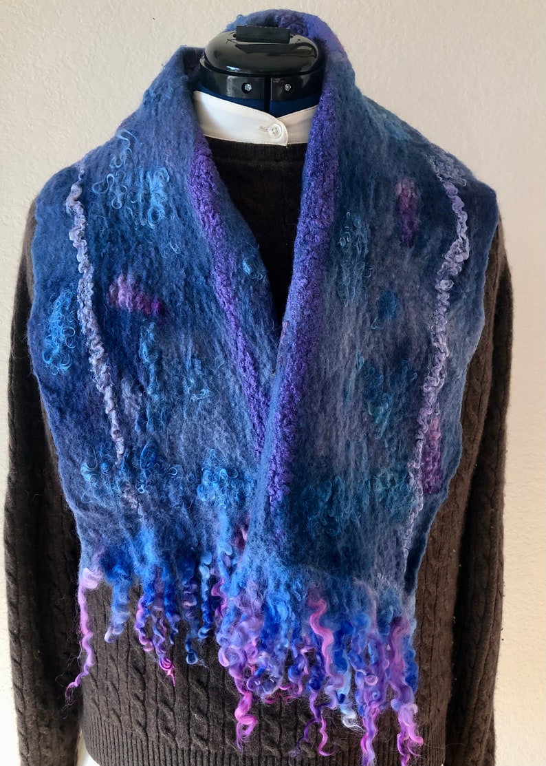 Blue unisex felted scarf, merino and silk, reversible silk, wool shawl, hand felted wrap, scarf, shawl, soft and warm accessory, functional image 4