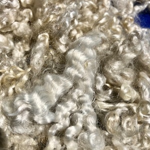 Shiny mohair fleece, hand washed and hand pulled. Pristine, beautiful locks 3.5 x 4.5 long, 4 ounces washed, perfect curls, ready to use.