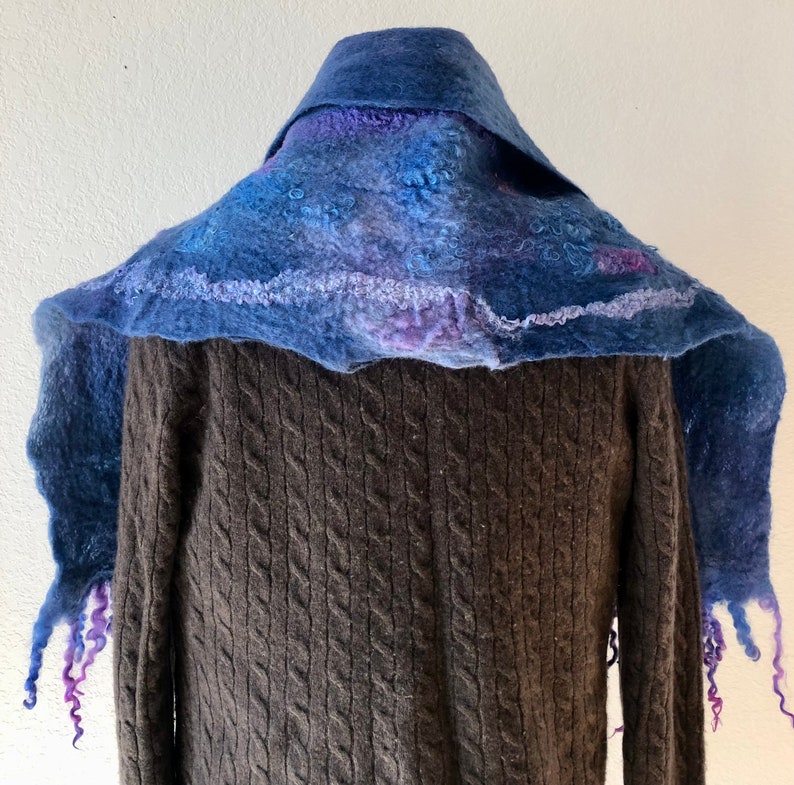 Blue unisex felted scarf, merino and silk, reversible silk, wool shawl, hand felted wrap, scarf, shawl, soft and warm accessory, functional image 3