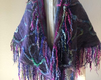 Purple, blue and gray BFL unisex felted wrap, reversible asymmetrical shaped  60”x 17” of soft funky fun scarf, silk designs on both sides,