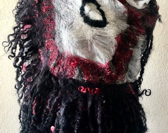 Dramatic black, white and red wrap, shawl, silk and fine wool, black teeswater long curls, handfelted scarf, 60”wide by 25” deep, shawl