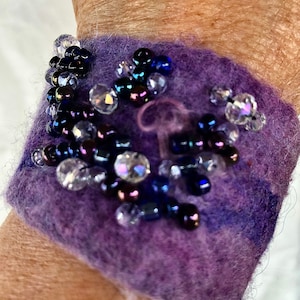 Ready to ship, Purple hand beaded  felt bracelet, felted wool cuff, best seller, fabric jewelry, gift for her, FancyFancie, felted art cuff