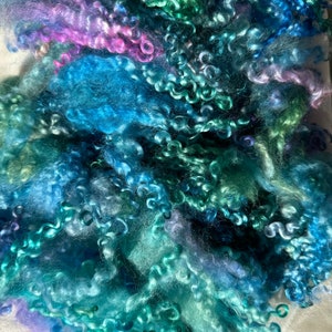 Gorgeous, Silky Wensleydale curls. Shades of blue, green, purple are 4” - 6” curls, 4 ounces,  no vm, felting, weaving, doll hair, prime