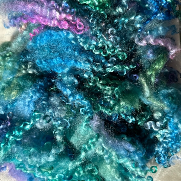 Gorgeous, Silky Wensleydale curls. Shades of blue, green, purple are 5”-6” long, curls, 4 ounces,  no vm, felting, weaving, doll hair, prime