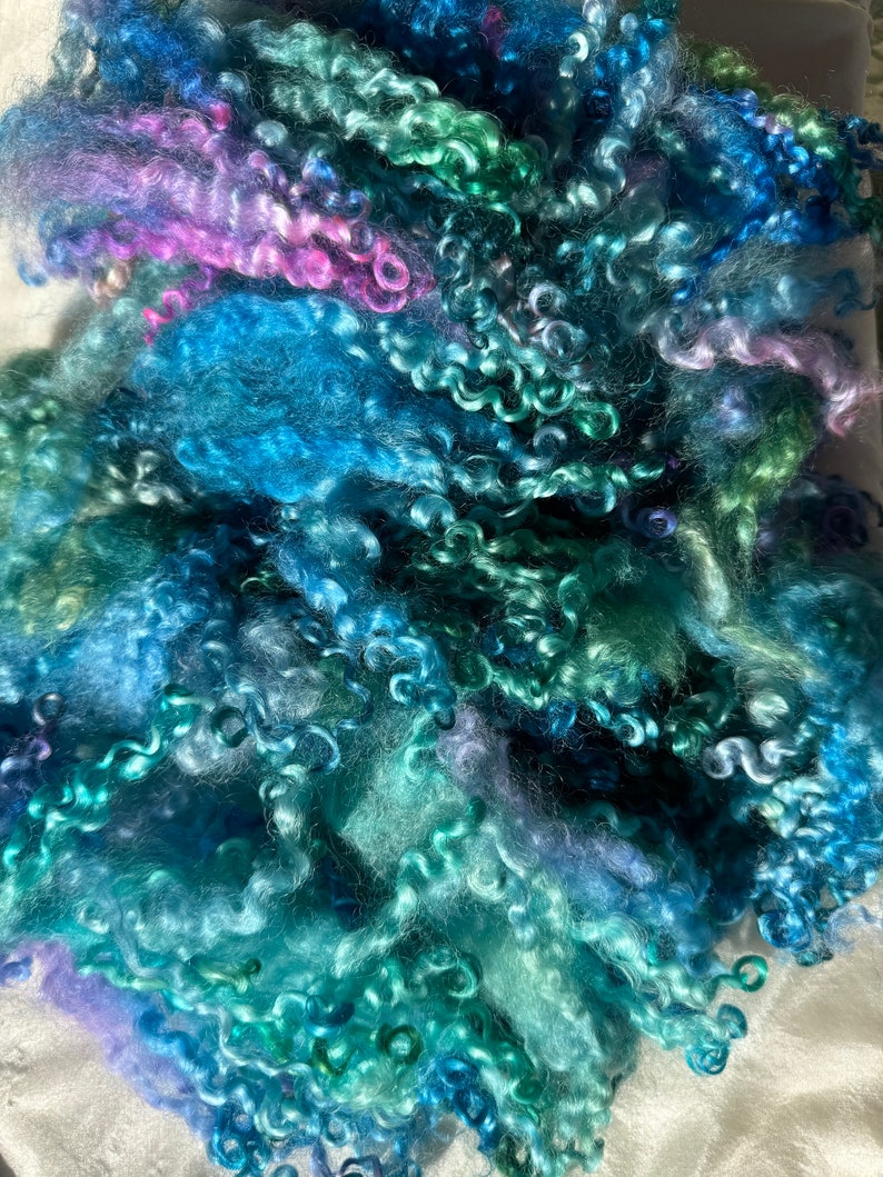 Gorgeous, Silky Wensleydale curls. Shades of blue, green, purple are 56 long, curls, 4 ounces, no vm, felting, weaving, doll hair, prime image 1