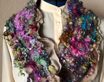 Beautiful felted cowl, collar, reversible, soft Wensleydale hand dyed curls and silk, 34” in circumference, 6” wide,  elegant art  to wear