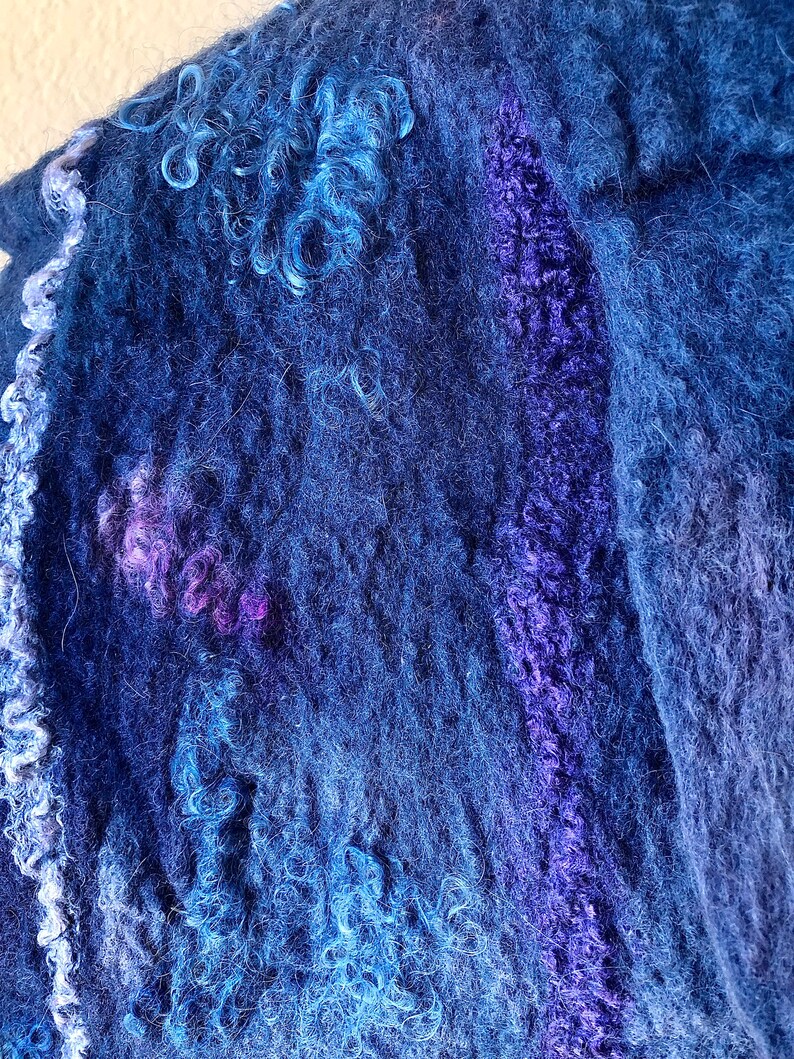 Blue unisex felted scarf, merino and silk, reversible silk, wool shawl, hand felted wrap, scarf, shawl, soft and warm accessory, functional image 2