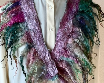 Scarf of Soft, shiny curls, rainbow colors of long teeswater locks, felted  wrap, felted art scarf, FancyFancies, 36” x 10”,  curls felted