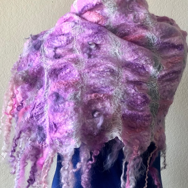 Pink and lavender nuno scarf, women’s felted scarf, silk and merino wrap,ready to ship, 55” long by 20” deep, merino and silk shawl, spring