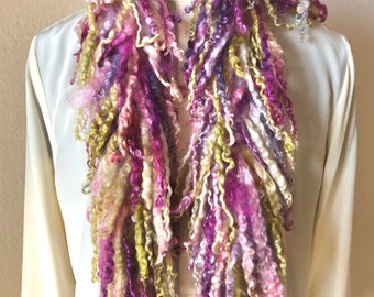 Scarf of Soft, shiny curls, teal, purple, green and pink long teeswater locks, felted  wrap, felted art scarf, gift for women, FancyFancies