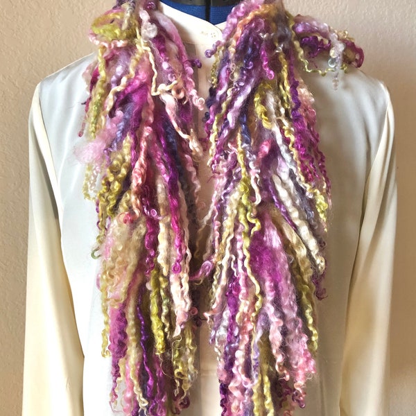 Scarf of Soft, shiny curls, teal, purple, green and pink long teeswater locks, felted  wrap, felted art scarf, gift for women, FancyFancies