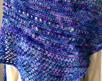 Blue, purple and pink merino and silk shawl, hand knitted with hand dyed yarn, 76” x18”, FancyFancies ready to ship, elegant womens shawl