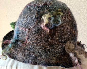 Blue and gray felted hat, soft merino and silk, curls and sparkles, reversible to gold and bronze, size 21”-22”, soft and warm, unique hat.