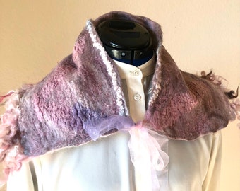 Mauve rose felted scarf, soft merino and silk, silk ribbon tie.ready to ship, FancyFancies, best seller, soft and warm. curl decorations