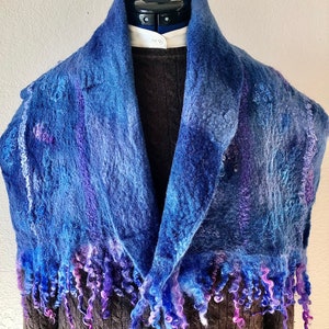 Blue unisex felted scarf, merino and silk, reversible silk, wool shawl, hand felted wrap, scarf, shawl, soft and warm accessory, functional image 1