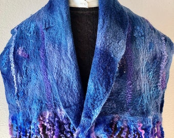 Blue unisex felted scarf, merino and silk, reversible silk, wool shawl, hand felted wrap, scarf, shawl, soft and warm accessory, functional