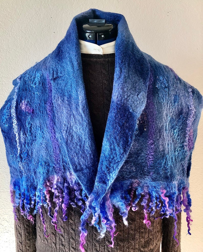 Blue unisex felted scarf, merino and silk, reversible silk, wool shawl, hand felted wrap, scarf, shawl, soft and warm accessory, functional image 1