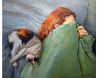 Framed Figure Painting & Cat, Oil 20 x 24