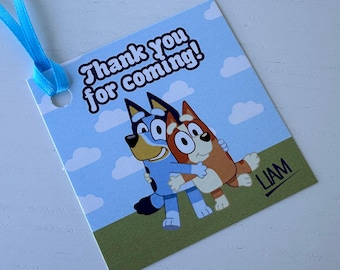 Bluey party, 24 2.5" x 2.5" thank you for coming cards, favor tags, gift enclosures, Bluey, personalized favor tags, kids party, party decor