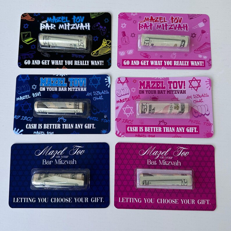 May include: Four colourful cards with a cash gift inside. Each card has a different design with the text "Mazel Tov" and "Bar Mitzvah" or "Bat Mitzvah".