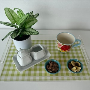 May include: A green and white checkered tray with a white ceramic creamer and sugar bowl, a blue mug with floral print, a small bowl of almonds, and a small bowl of dried fruit. A green potted plant is on the tray.