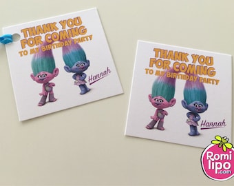 Trolls party, Set of 24 2.5" x 2.5" thank you for coming cards or stickers, favor tags, trolls, personalized favor tags, kids party