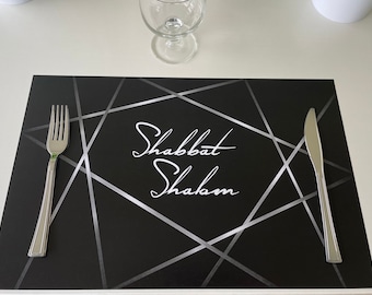 Shabbat , Set of 12 11 x 17 placemats, Shabbat, Shabat Shalom, placemats, table decor, judaica, Bar Mitzvah, Bat mitzvah, black and silver